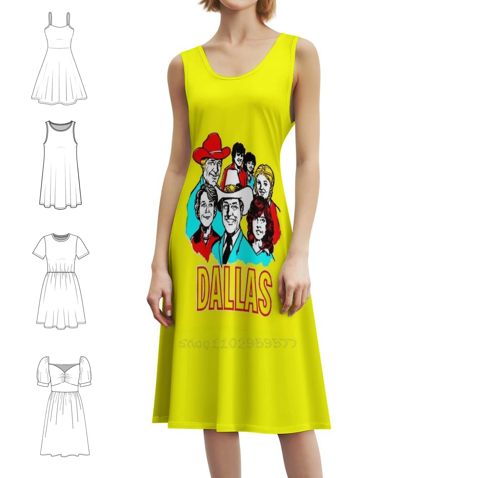 فستان دالاس النسائي الأنيق للحفلات على شكل حرف A مع خيارات قصيرة/طويلة/بدون أكمام دالاس جونيور Ewing Yellow Tv Seventies للسيدات