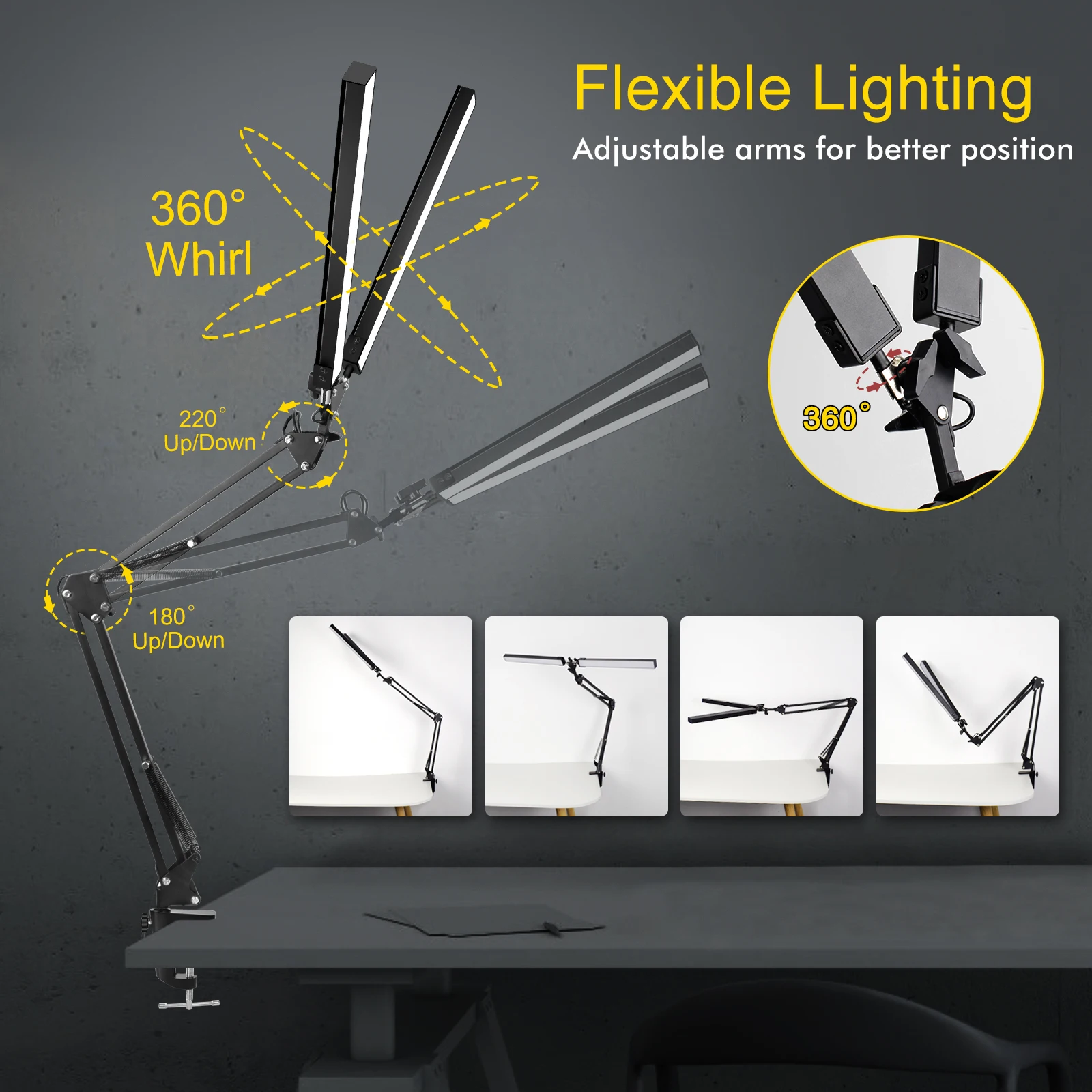 NEWACALOX LED Desk Lamp with Clamp & Flexible Arm 3 Color Modes 10 Brightness Levels Eye-Caring Table Light with Memory Function