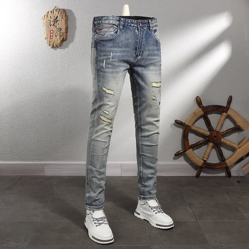 Retro Make Old Ripped Jeans Men\'s Motorcycle Street Trousers Trendy Casual Slim Fit Skinny Pants Nostalgic Men\'s Clothing