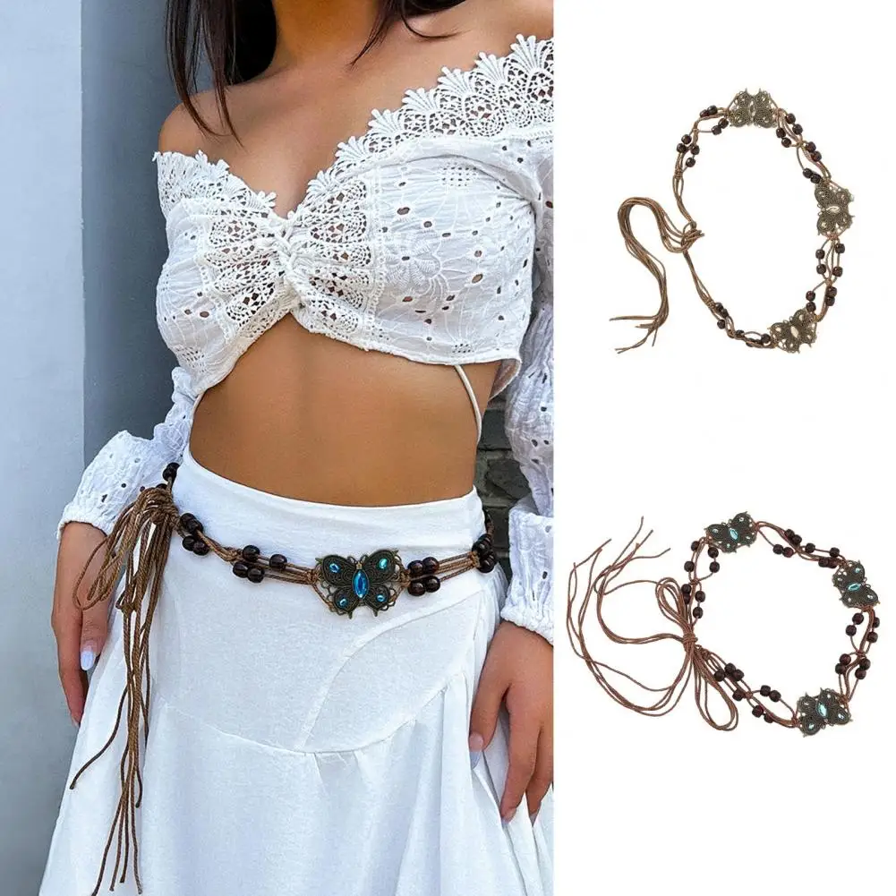 

Women Belt Bohemian Beaded Waist Belt for Women Vintage Ethnic Lace Up Adjustable Lady Strap with Lightweight Jewelry Accents