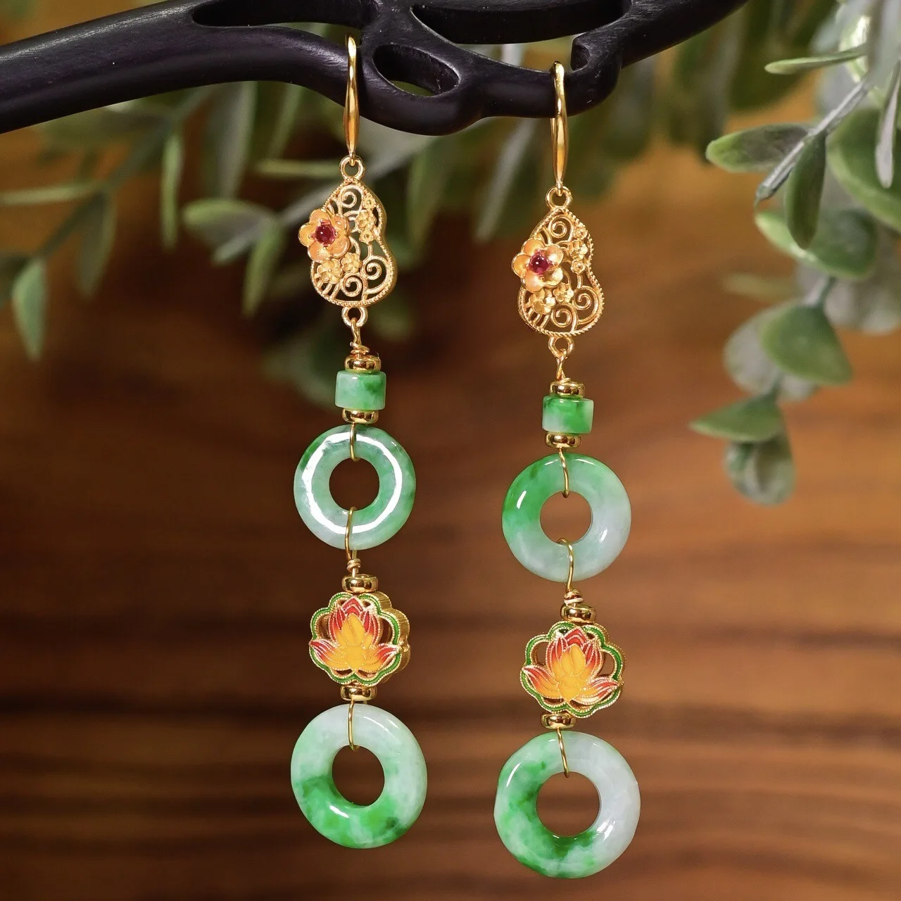 

Natural Grade-A Floating Flower Jadeite Donut Earrings, 925 Silver Gold Plated, Elegant Chinese Style Jewelry Gift for Women