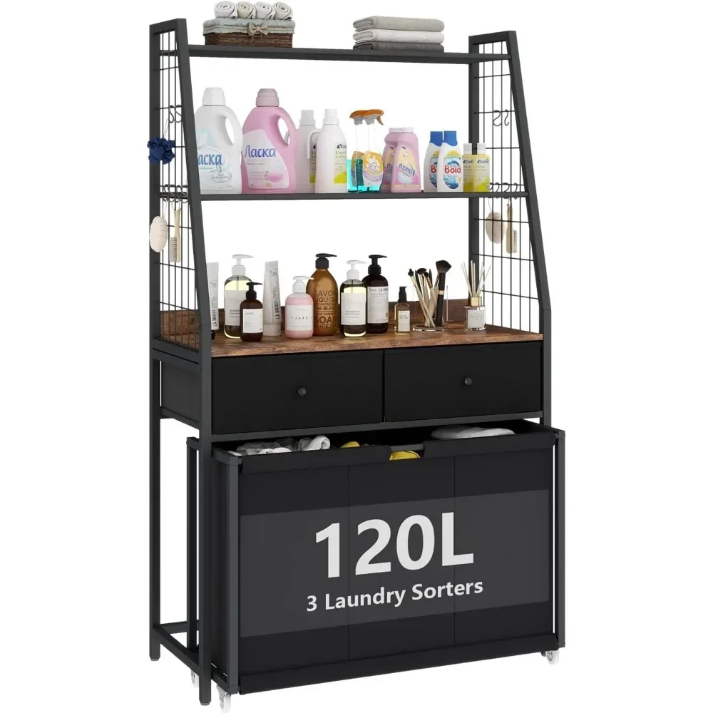 

It Features Three Pull-out Wheeled Pockets and Two Storage Shelves for Organizing Clothes, and Includes Two Drawers