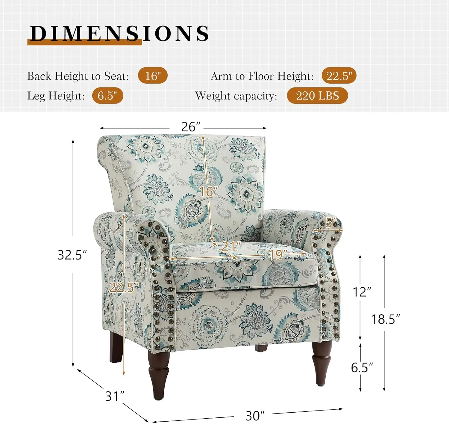 Modern Wingback Accent Chair with Wood Legs & Removable Cushion, Comfy Upholstered Armchair with Nailhead Trim, Medallion