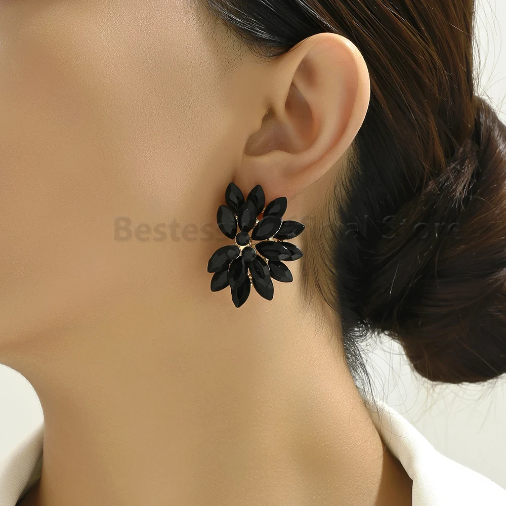 Colorful Flower Design Big Stud Earrings For Women Vintage Elegant Style Alloy Glass Fashion Luxury Jewelry Valentine Gift 2025