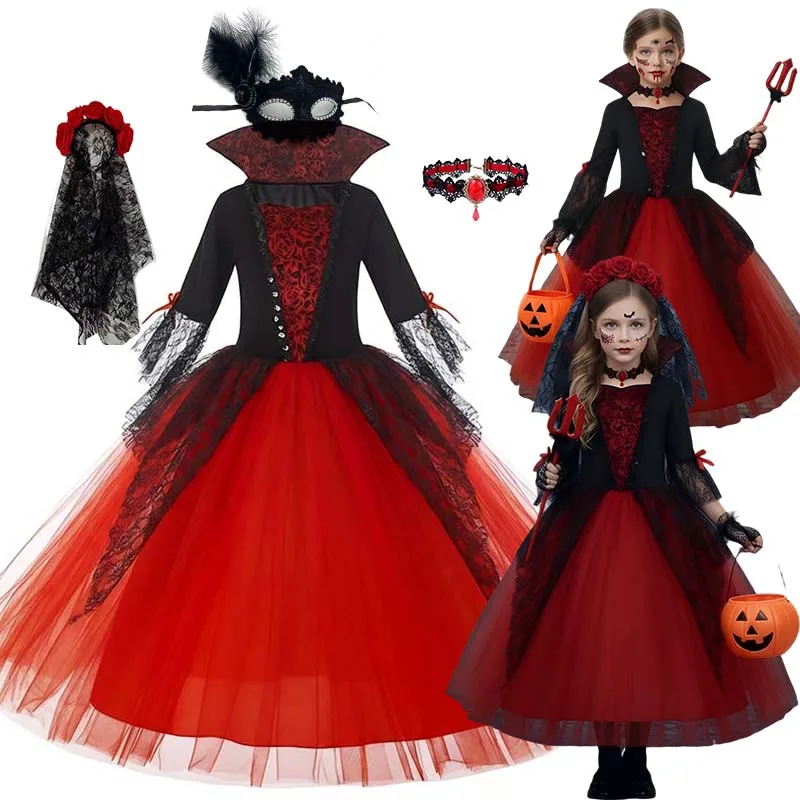 Halloween Children's Red Mesh Dress with High Collar and Flared Sleeves Elegant Gothic Style Role-playing Costume