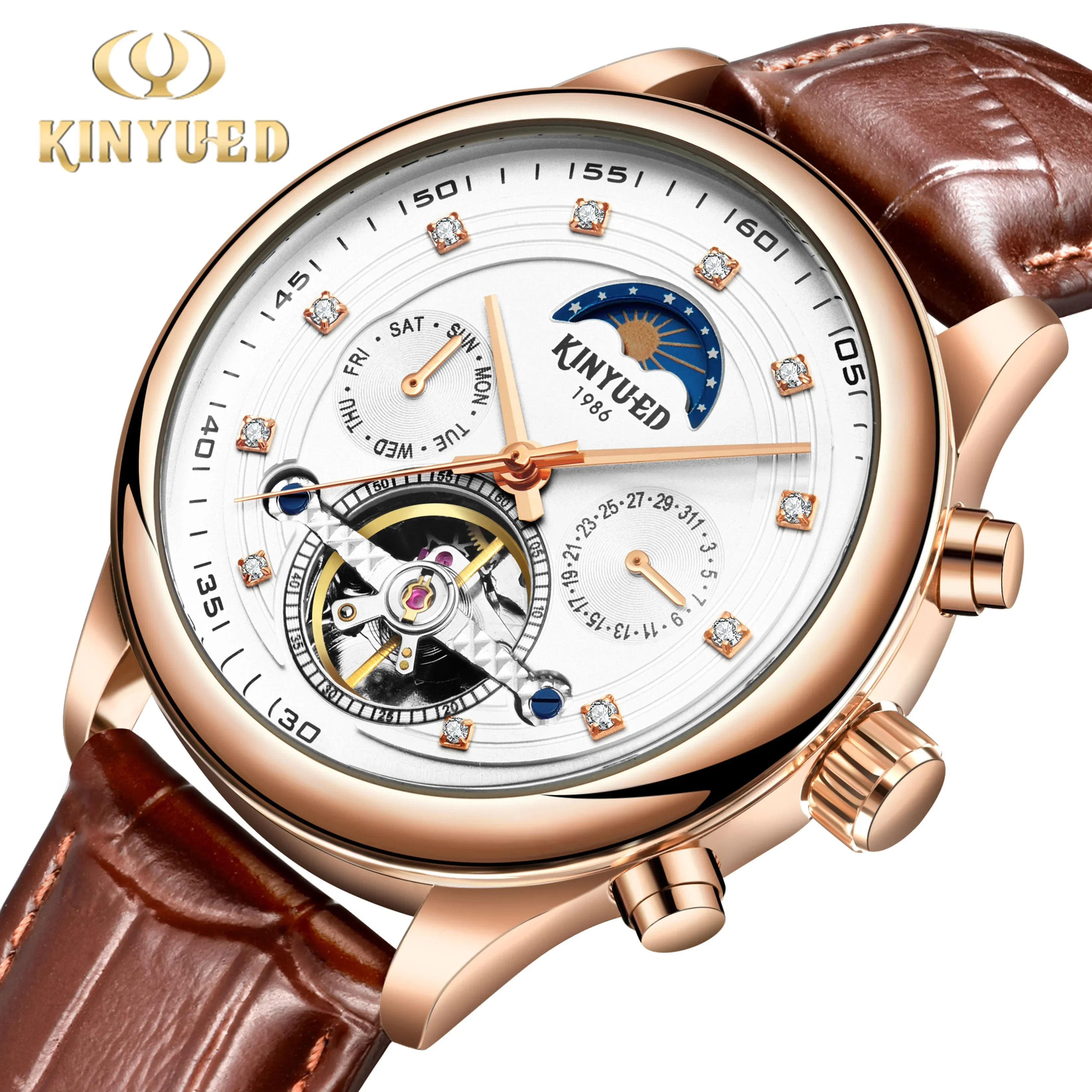 Kinyued New Released Men Mechanical Watches For Man Moon Phase Watch Date Week Month Luminous Hands Classic Wristwatch