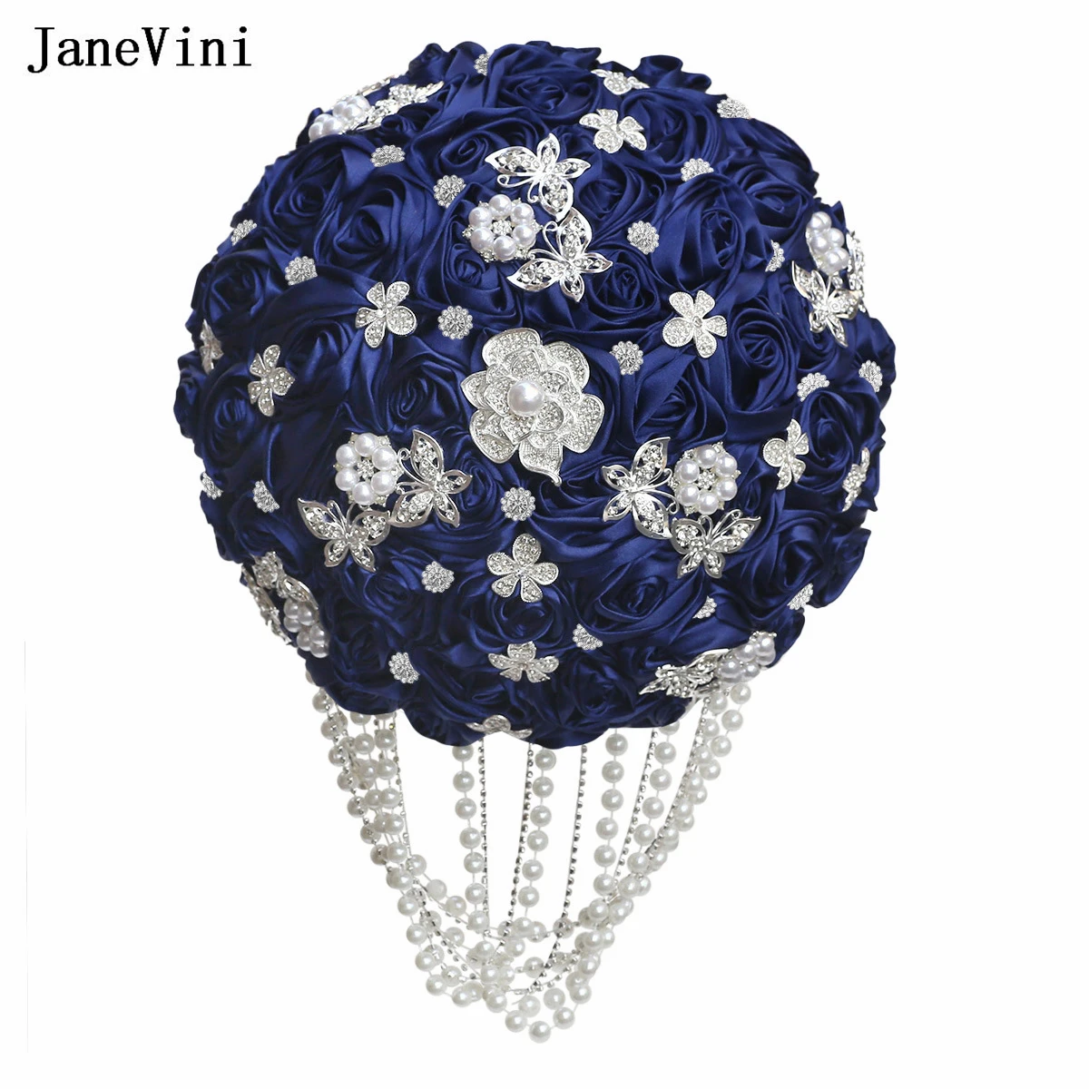 

Роскошные свадебные букеты JaneVini с жемчугом и кисточками, темно-синие атласные розы, цветы с кристаллами и стразами, брошь-цветок, свадебный букет