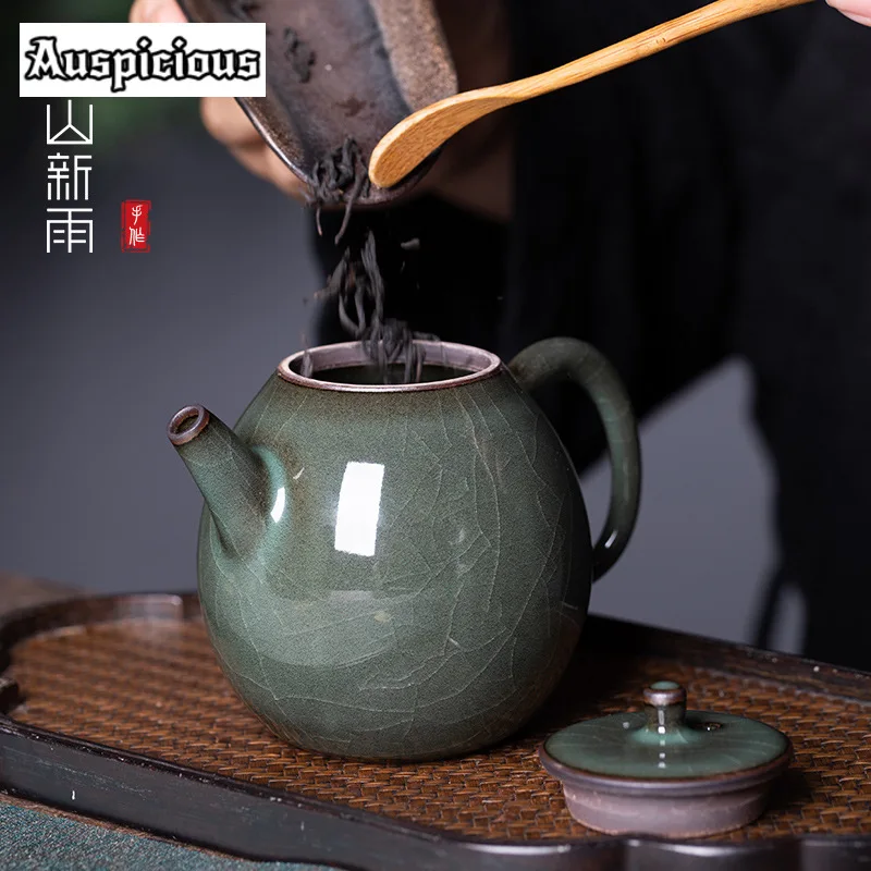 200ml Handmade Longquan Celadon Teapot Ge Kiln Ice Cracking Iron Body Pot Tea Brewing Filter Kettle Chinese Teaset Craft Gifts