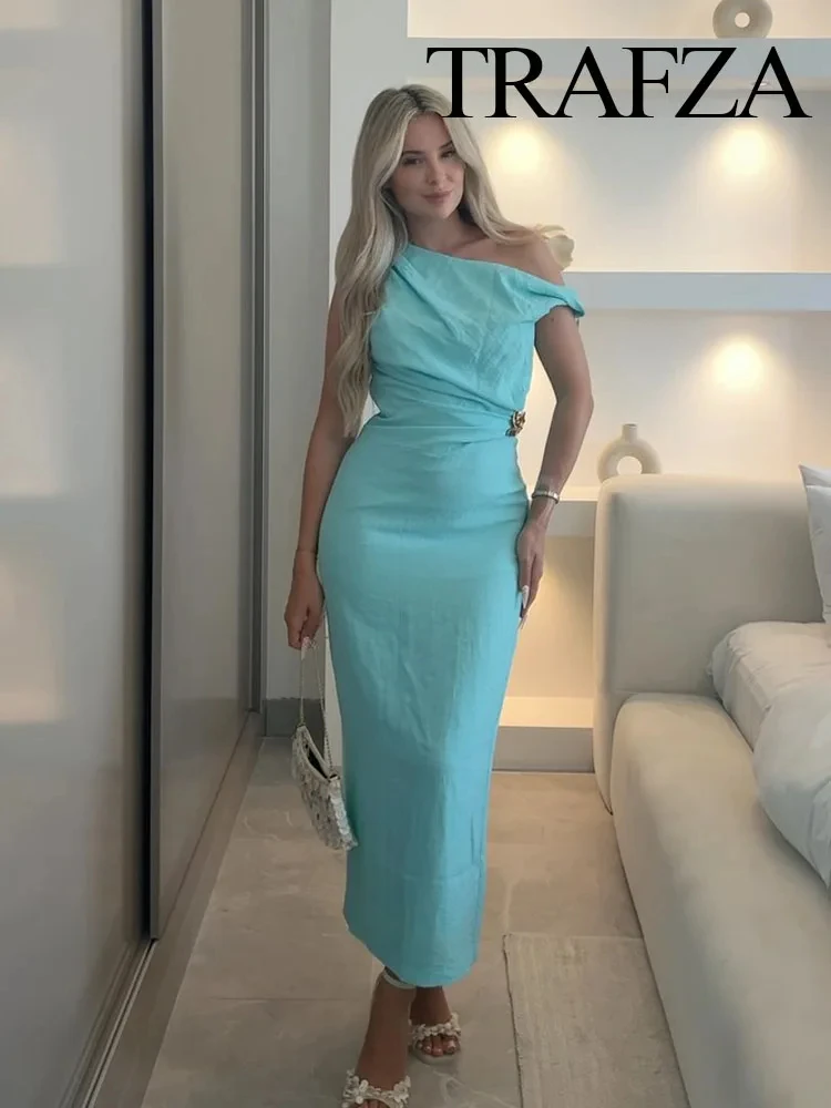 TRAFZA ผู้หญิงแฟชั่นเซ็กซี่ชุดแขนกุดไม่สมมาตรชุดยาวหญิงสไตล์ Slim Chic ผู้หญิงฤดูร้อนชุด