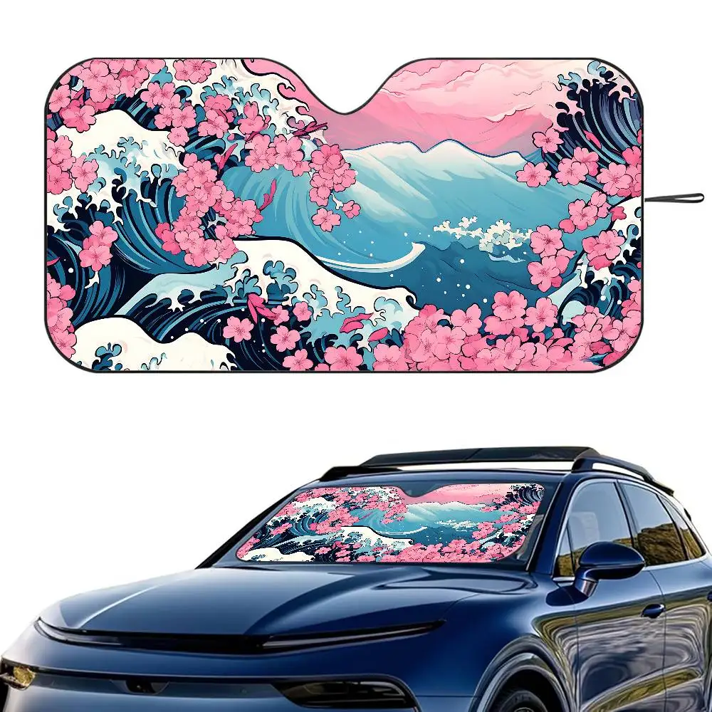 

Blue Wave Cherry Blossoms Car SunShade Windshield Foldable Three-layer Insulation Sunshade By Suction Cup Blocks UV Rays Sun