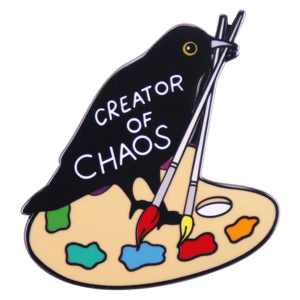 Creator-of Chaos Enamel Pin Crow Painter Badge Art Brooch Bird Lovers Jewelry Gift