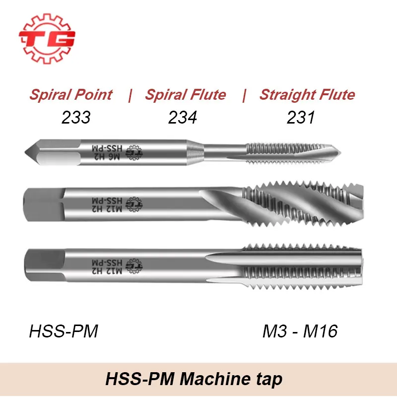 

TG HSS PM Spiral Fluted Straight Flute Tap M3 M4 M5 M6 M8 M10 M12 M16 Processing for Cast Iron Steel Stainless AL Etc.