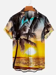 Heren Hawaiian Kokospalm Patroon Shirts Zomer Strand Zonsondergang Shirt Heren Casual Korte Mouwen Exquise 3d Bedrukt Shirt