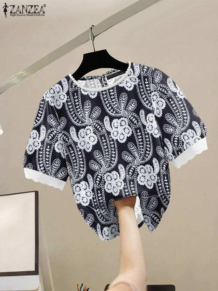 

ZANZEA 2025 Fashion Printed Blouses Women Lace Patchwork Tops Short Sleeve Blusas Casual Loose Tunic Vintage O-Neck Pullover