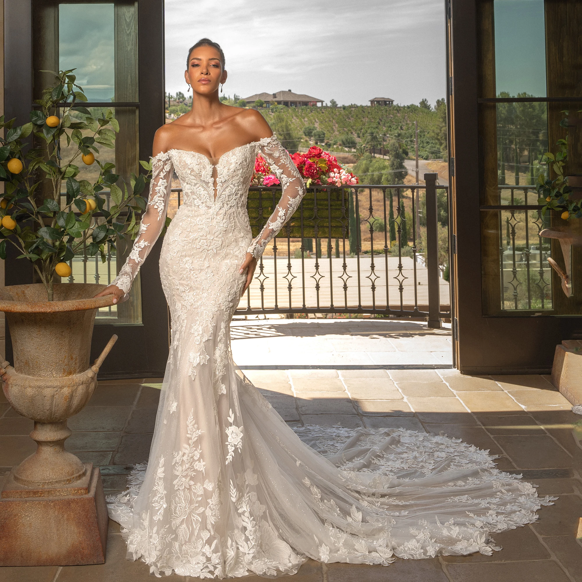 

Sexy Wedding Dress 2025 Customized Off Shoulder Full Sleeve Applique Beaded Sweep Train Mermaid Backless Bridal Gown for Woman