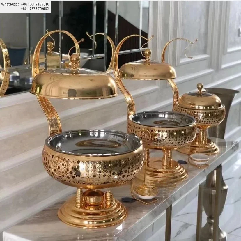 Luxury Gold Round Hanging Chafing Dishes Hotel Wedding Buffet Equipment Dishes