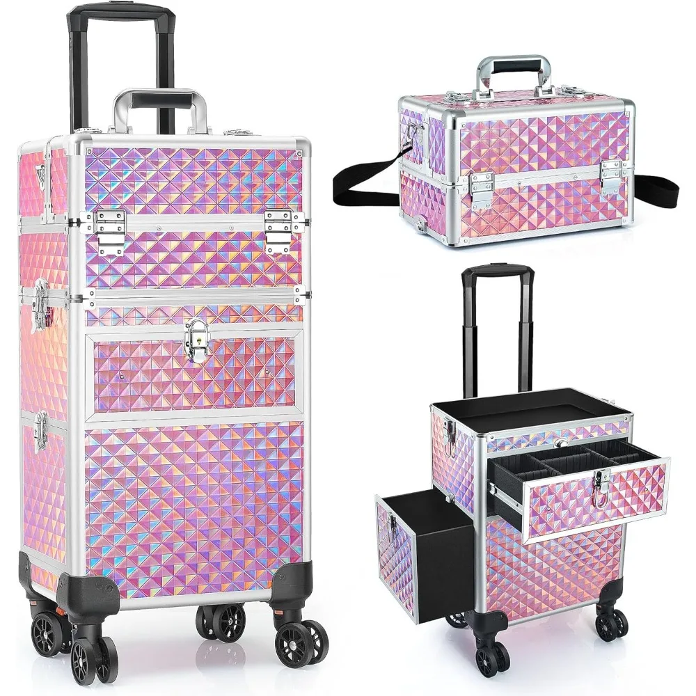 

Professional Rolling Makeup Train Case, Multi-functional Cosmetic Trolley with 360° Swivel Wheels Keys, Large Storage Traveling