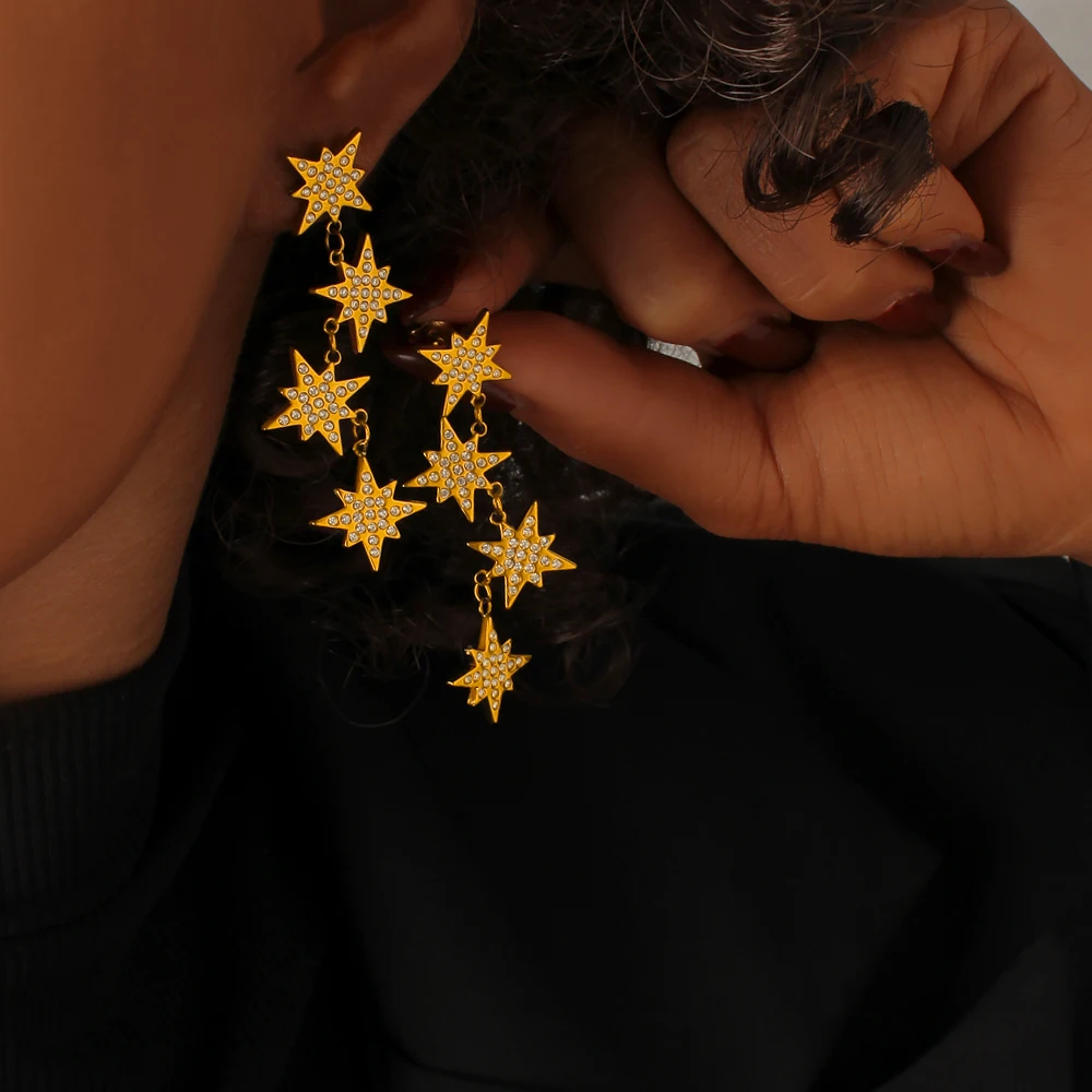 Fashion Fringe star full diamond pendant 18K Golden Stainless Steel Earrings For Women Gift Party Jewelry Evening