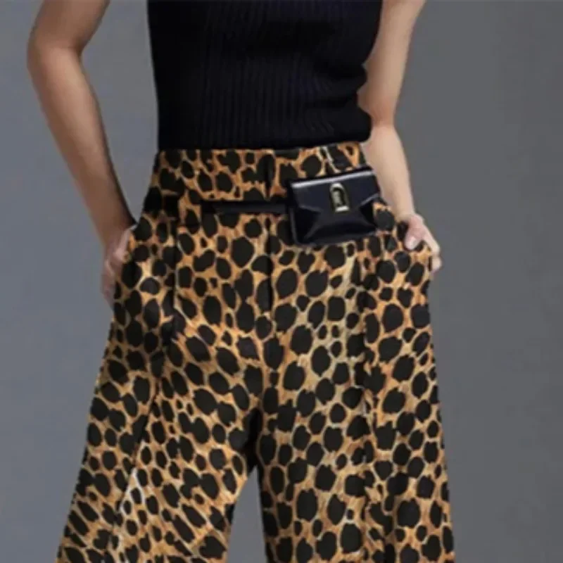 Yeezzi Fashion Leopard Printed Split-Front Wide Leg Pants for Women 2024 New Autumn Loose High-Waist Casual Trousers Streetwear