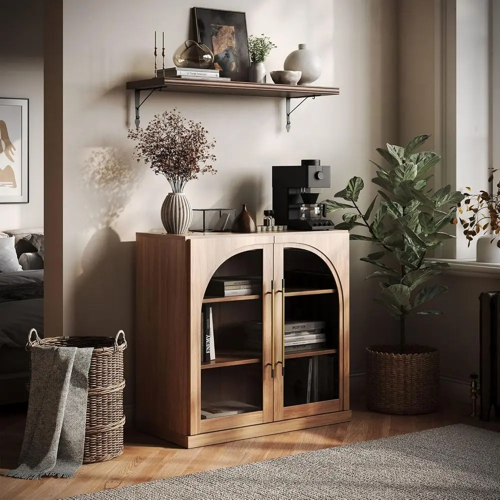 

ular Sideboard with Arched Glass Door, Accent Display Buet Cabinet with Storage and Adjustable Shelves,Classic ern Crza or Dinin