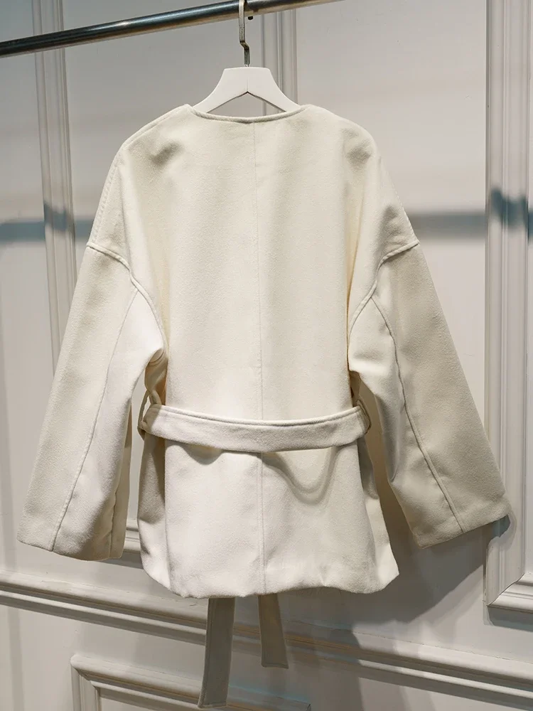 Elegante Wolljacke mit Gürtel und Schnürung für Damen, Herbstmode, Langarm, Kurze Jacke, 2025 Neue Damen-Streetwear-Oberbekleidung – Detail 6