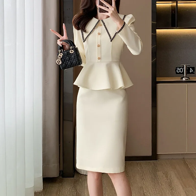 Peter Pan Collar Single-breasted Blazer Skirt Suit SpringAutumn Office Formal Women's Business Elegant Sets Skirt костюм