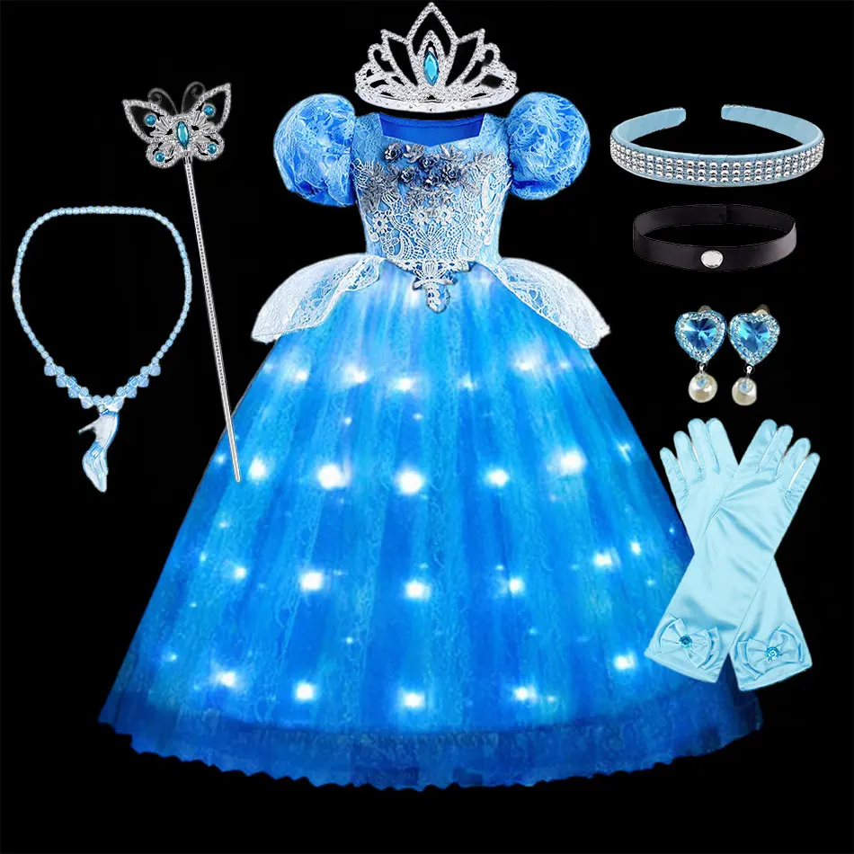 

Light up Lace Party Dress Cinderella Ball Gown Girl Wedding Party Birthday Cosplay Toddler Fancy Pageant Fairy Vestidos with LED