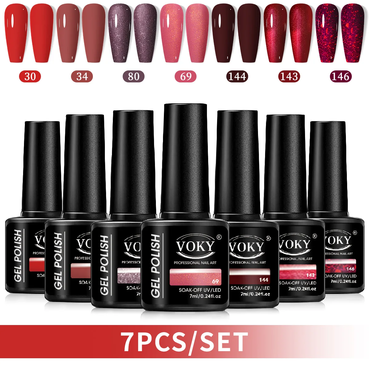 VOKY 7 PCS เจลทาเล็บ -สีใหม่ เหมาะสำหรับไฟ LED UV ถอดออกง่าย กึ่งถาวร สำหรับเล็บบ้านและร้านเสริมสวย