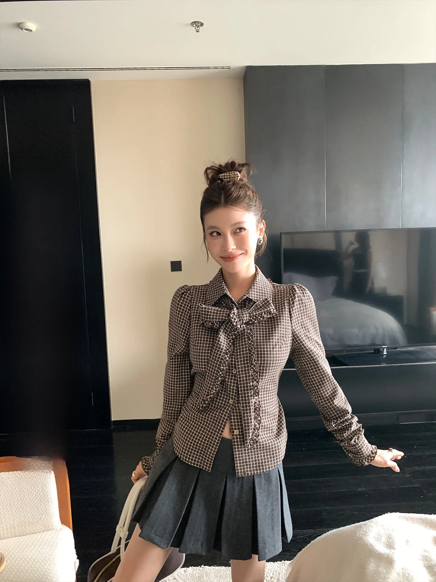 

LIONE Lady Long Sve irt с Sa Brown Plaid Design American Sle Женская смесь хлопка премиум-класса Faion из полиэстера