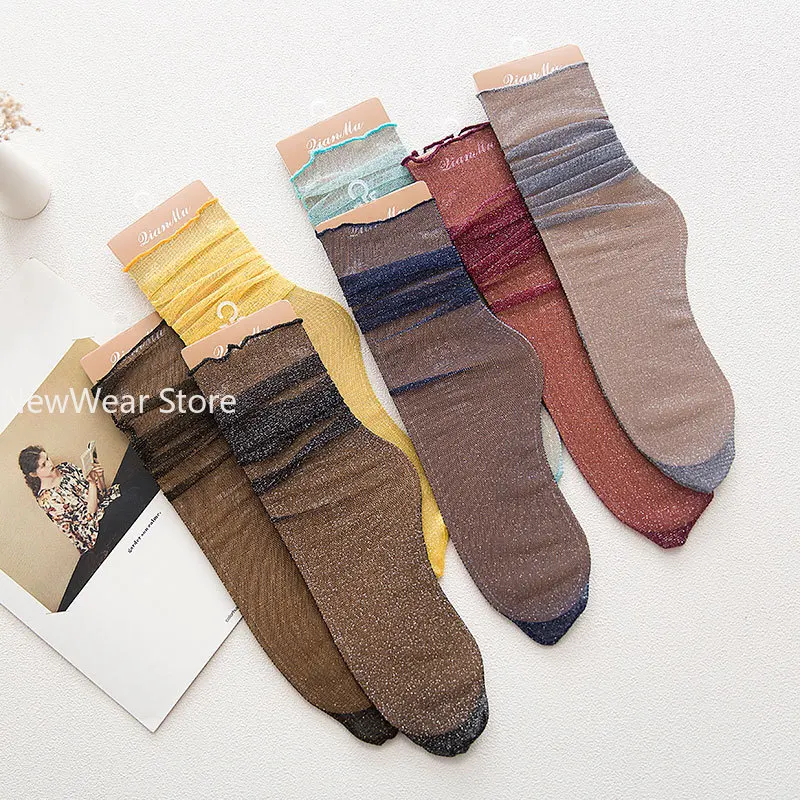 Women Shiny Socks Trendy Fashion Girls Glitter Short Socks Spring Summer Crystal Glass Silk Elastic Thin Gauze Transparent Sox