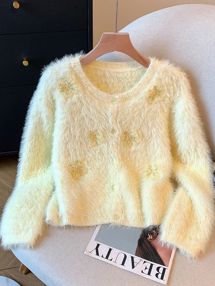 

Модный универсальный свитер для женщин, осень-зима, свободный короткий свитер с круглым вырезом и длинными рукавами, плюшевый однотонный вязаный кардиган