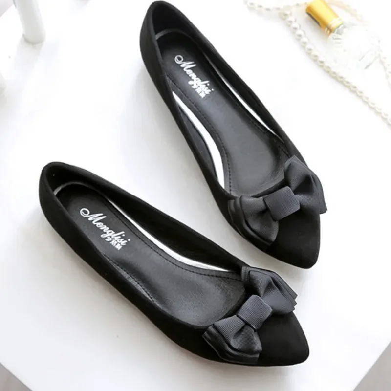 Lady Lovely Casual Slip On Flats Spring Loafers Flock Fashion Pointed Toe With Bow Purple Black Plus Size 48 42 Woman Bag Shoes