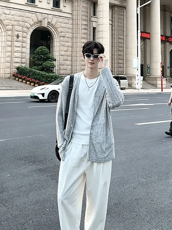 Lightweight Breathable Knitted Hollow out Long Sleeve Cardigan Men's Summer T-Shirt Sun Protection Clothing Transparent Fabric