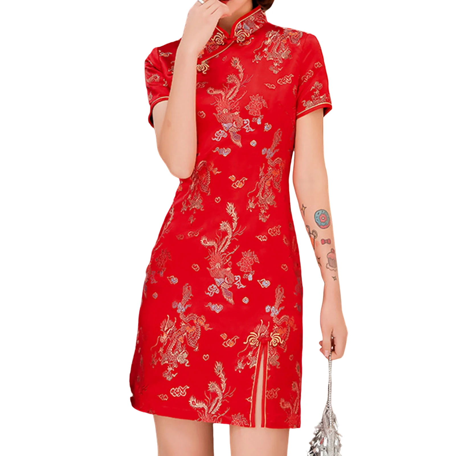 Women's Cheongsam Dresses Dragon Pattern Print Dress Qipao Mini Bodycon Dresses Traditional Chinese Formal Wear