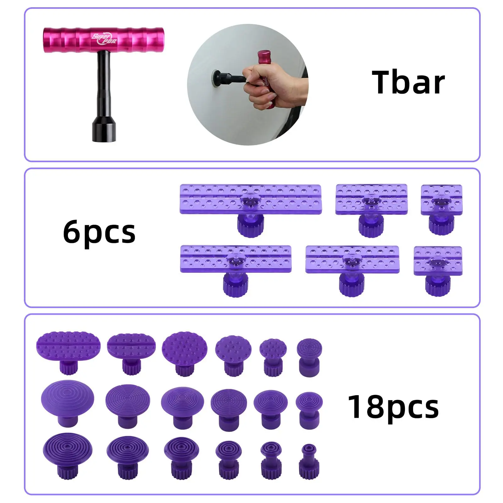Kit Super PDR 25 Pièces Enlèvement Bosses Sans Peinture Avec Extracteur Barre T 6 Rectangulaires 18 Rondes Patches Extractrices Pour Réparation Carrosserie Kit Réparation Bosses
