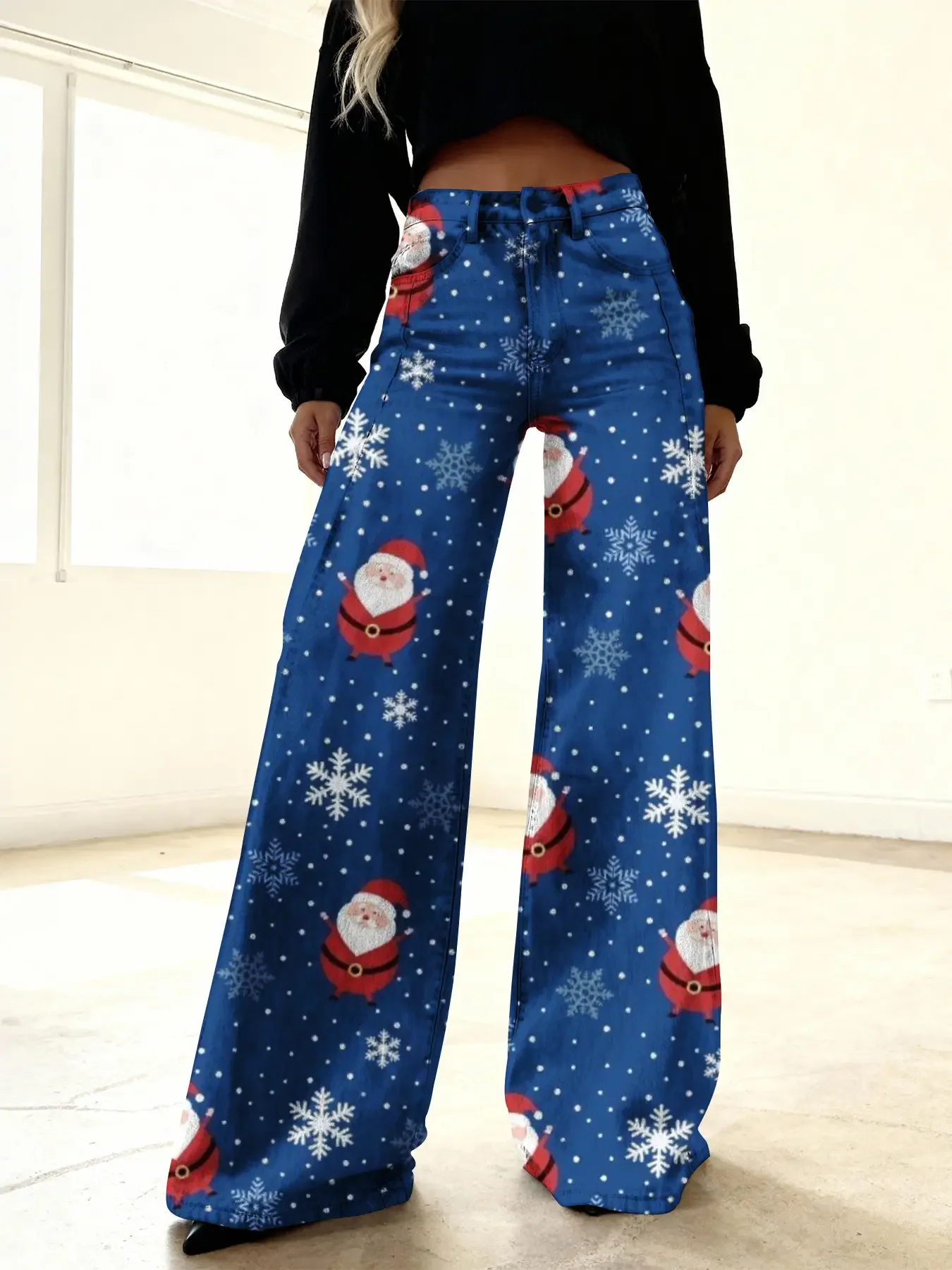 

Christmas ladies' new printed retro jeans, imitation denim fabric, Youth and casual wear, suitable for teenagers