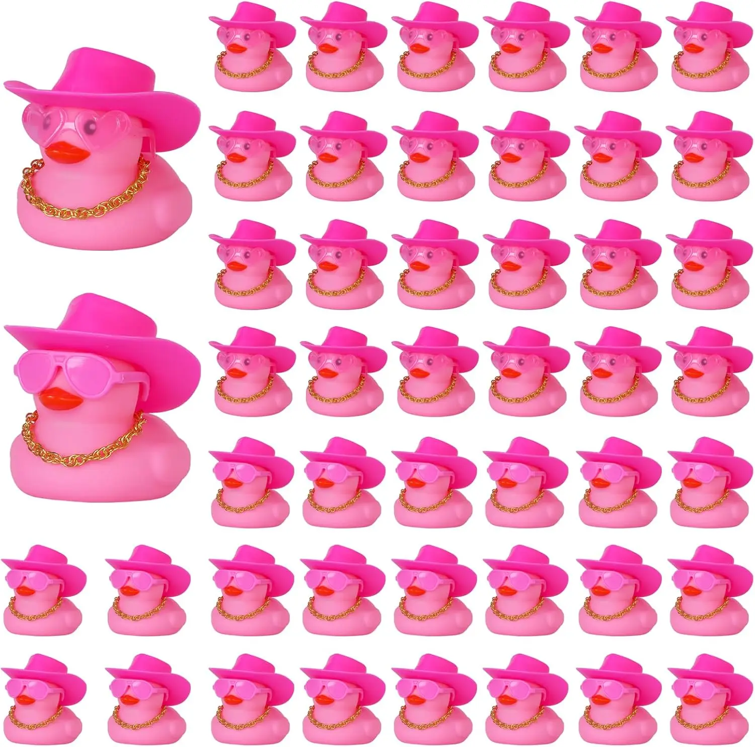 

48PCS Pink Mini Rubber Ducks with Cow-boy Hat,2 Styls of Glasses,Necklace,Car Ducks,Party Favors,Dashbaord Decoration