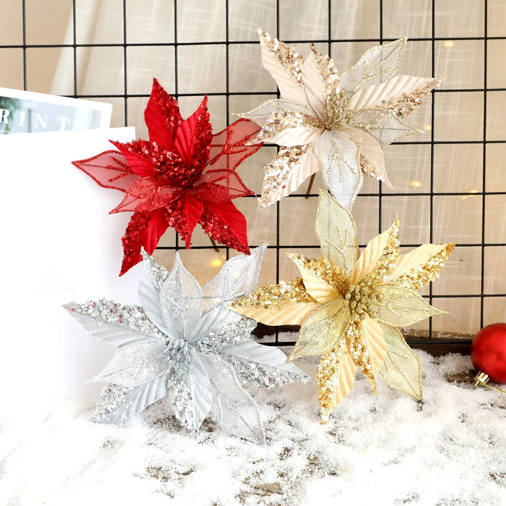 

Add Elegance To Your Christmas Tree With Christmas Poinsettia Glitter Flower Hanging Xmas Party Tree Decoration