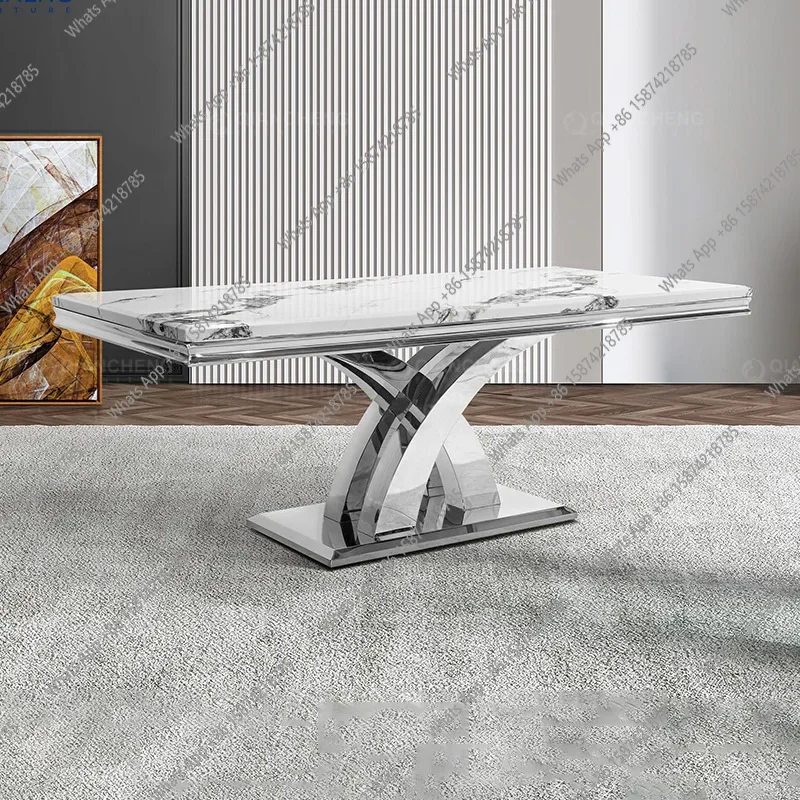 

MX Light Luxury Marble Dining Table Set, A Set Of Household High-end Luxury Stainless Steel Dining Table And Chairs