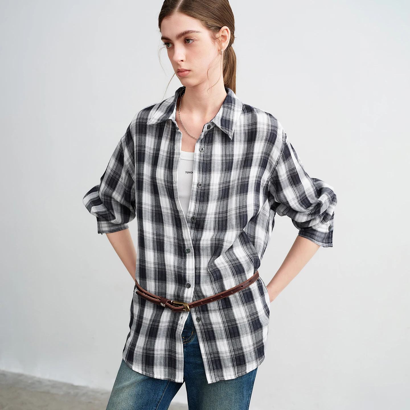 TOYOUTH Mulheres Camisas de Algodão 2026 Primavera Novo Retro Xadrez Estilo Hong Kong Casual Versátil Blusas Tops