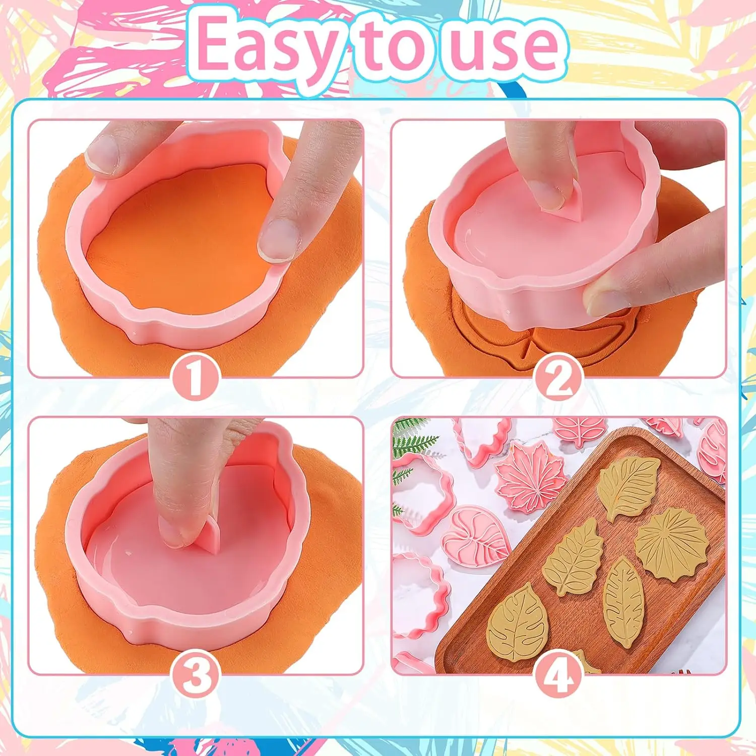 8Pcs Set Cookie Cutter Stamp Leaf Pattern Plastic Cartoon Pressable Biscuit Mold Confectionery Baking Pastry Bakeware Tools