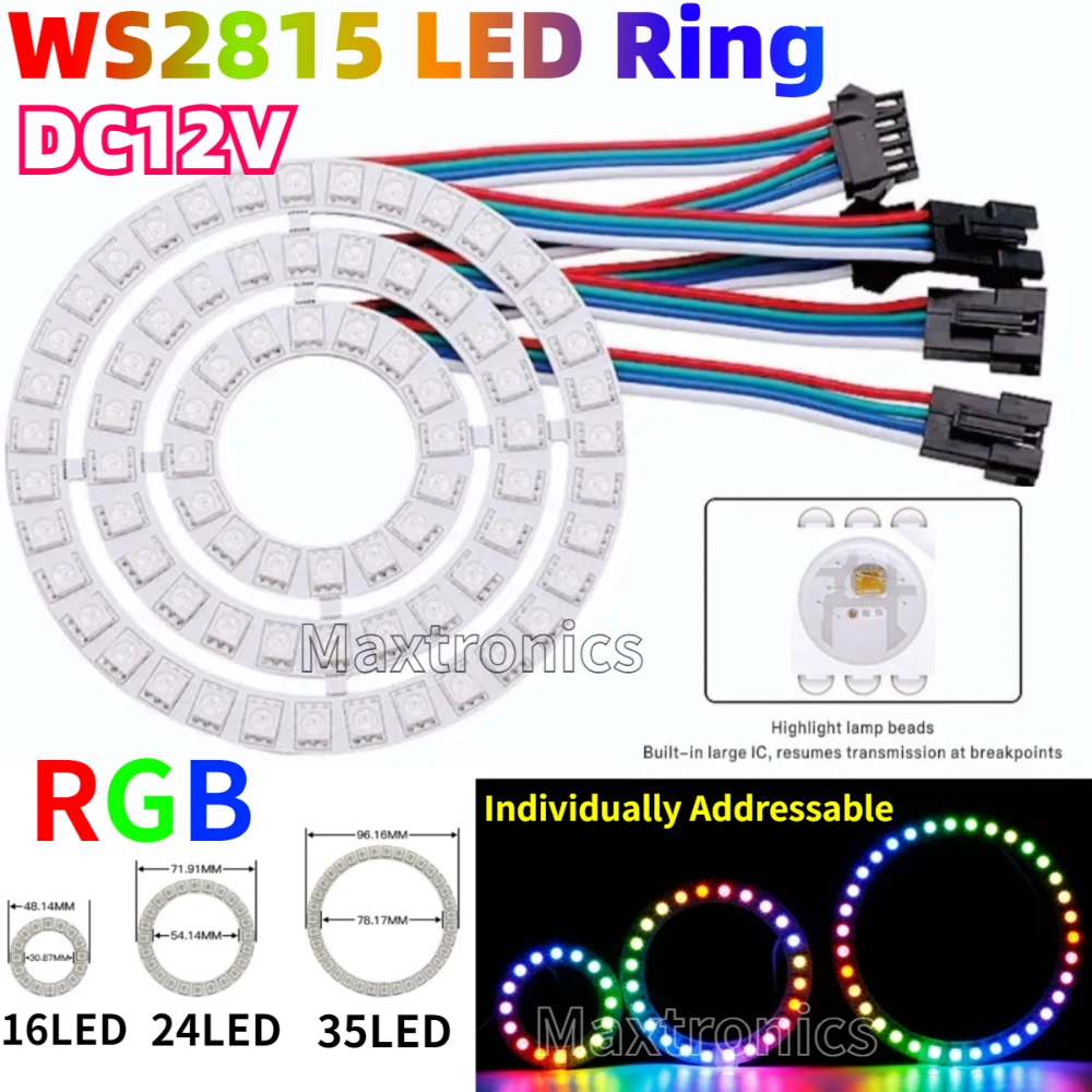 16/24/35LED WS2815 RGB LED Ring Individually Addressable DC12V Colorful Built-in IC SMD5050 4PIN Wire Programmable Modules Light