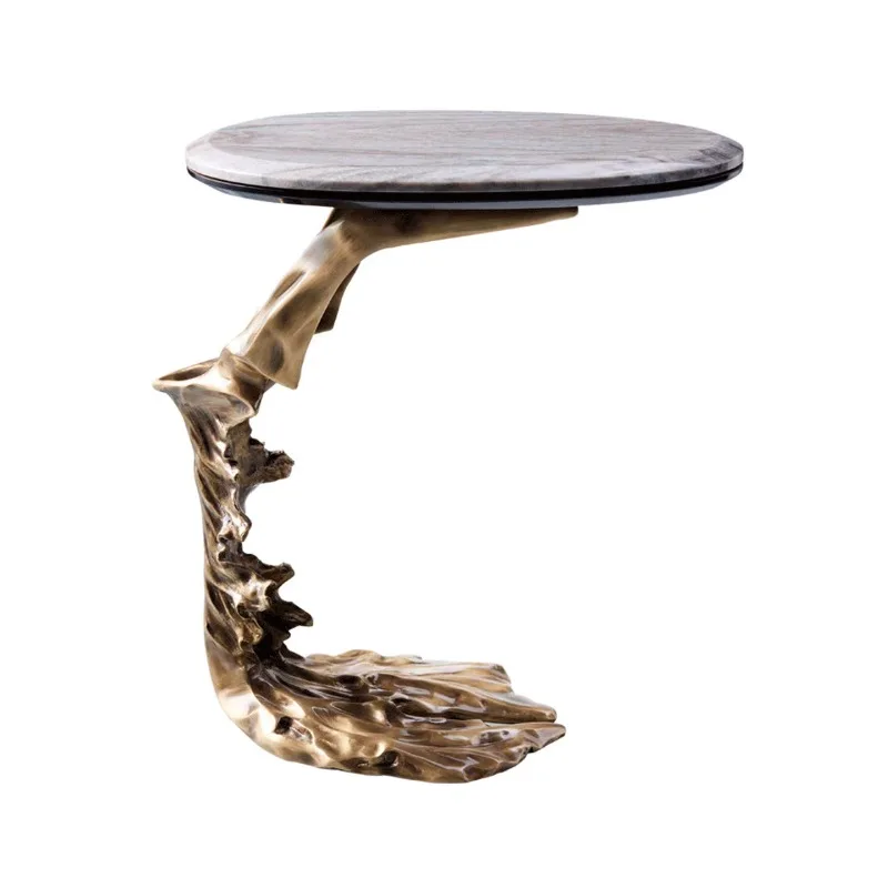 Light luxury marble sofa side table, designer mansion living room home artistic pure copper edge table, movable corner table