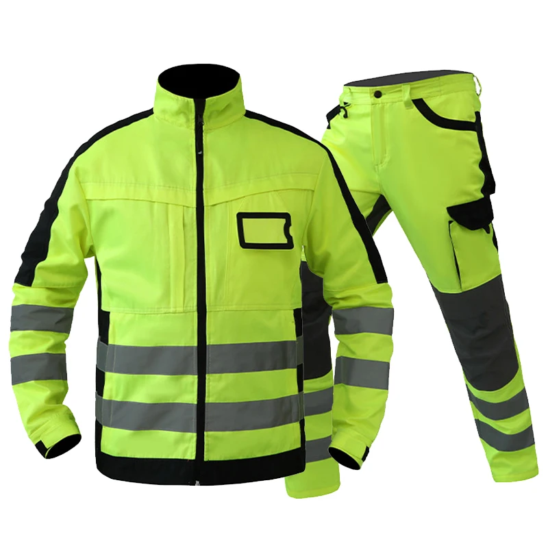 Hi Vis Workwear Set High Visibility Jacket and Pants Suit Reflective Work Clothes Men Safety Workshop Uniforms