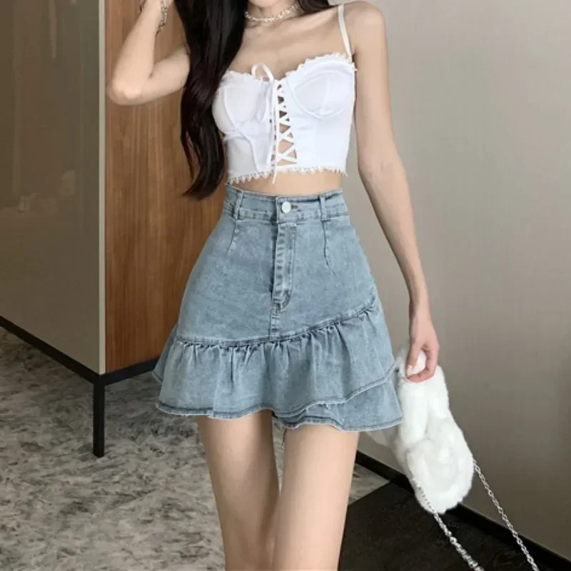 Mini Blue Denim Skirts Women Asymmetrical Ruffles A-line High Waist Korean Fashion Chic Sweet Summer Prevalent Girlish Clean Fit