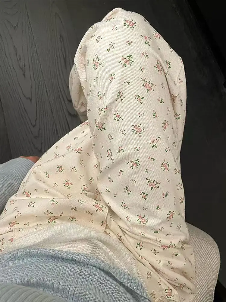 Gedruckt Floral Denim Hose Frauen Jeans Vintage Gerade Hosen Herbst Frühling Mode Weibliche Beiläufige Breite Bein Hosen