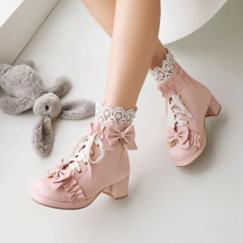 

Chunky Ankle Boots Fashion New Pointed Toe Zipper Goth Pumps Brand Shoes Women Winter Short Boots Front Lace Up ботинки женские