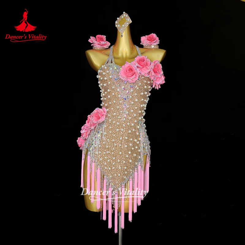Dancer's Vitality Latin Dance 2-tone Matching Dresses for Women Custom Adult and Child Mesh Senior Stones Rumba Chacha Clothing