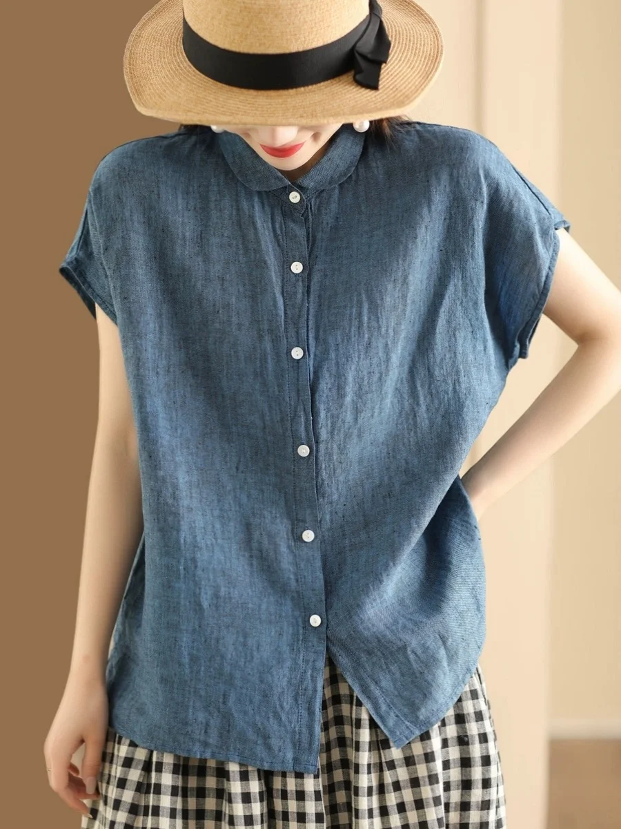 

Retro Cotton Linen ort Sve irt Women Summer New Turn-down Collar Casual Thin Loose Slimming Silk Top Women