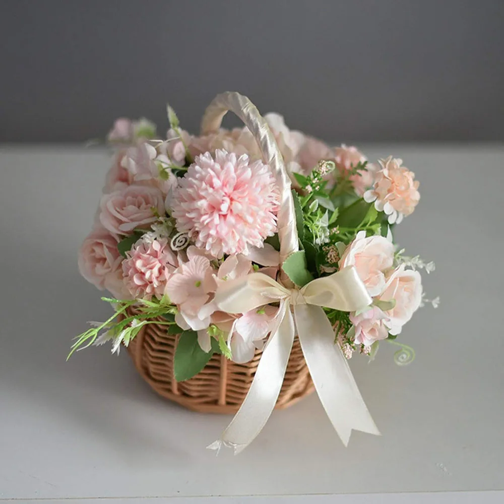 2pcs Wedding Flower Girl Basket Set,Wicker Rattan Flower Basket,Petal Basket Candy Storage Basket,Rattan Box Home Decoration